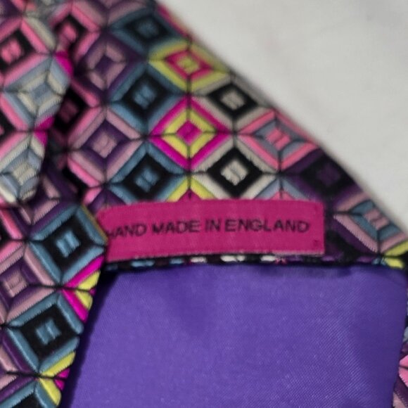 Duchamp London Hand Made England Silk Necktie Multi Square Geo  3 5/8" x 59 1/2" - Picture 4 of 6